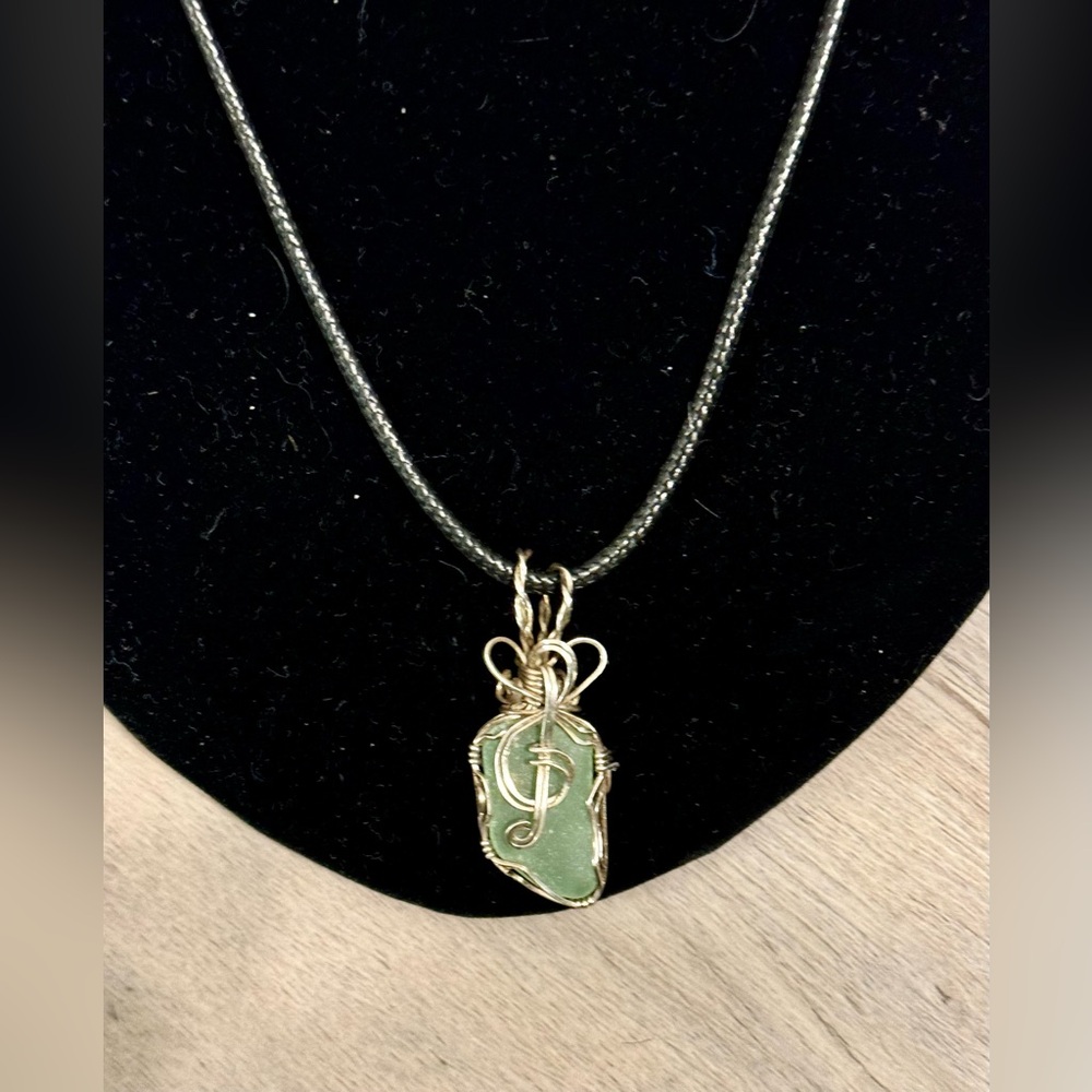 Treble Clef/G Clef Green Jade Stone Wire Wrapped Pendant on Black Rope Necklace